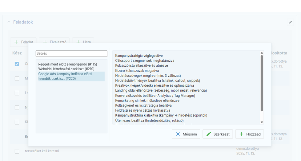 Feladatkezelő bővítmény lista beillesztése